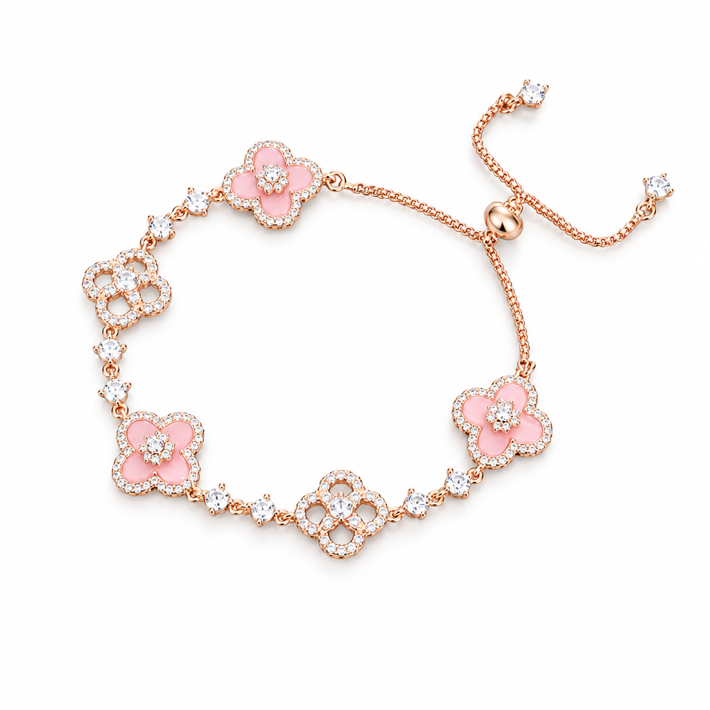Rose Gold Pink Clover Adjustable Slider Bracelet – rose gold pink clover slider bracelet on white background