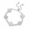 Silver White Mother of Pearl Clover Adjustable Slider Bracelet – silver mother of pearl clover slider bracelet on white background