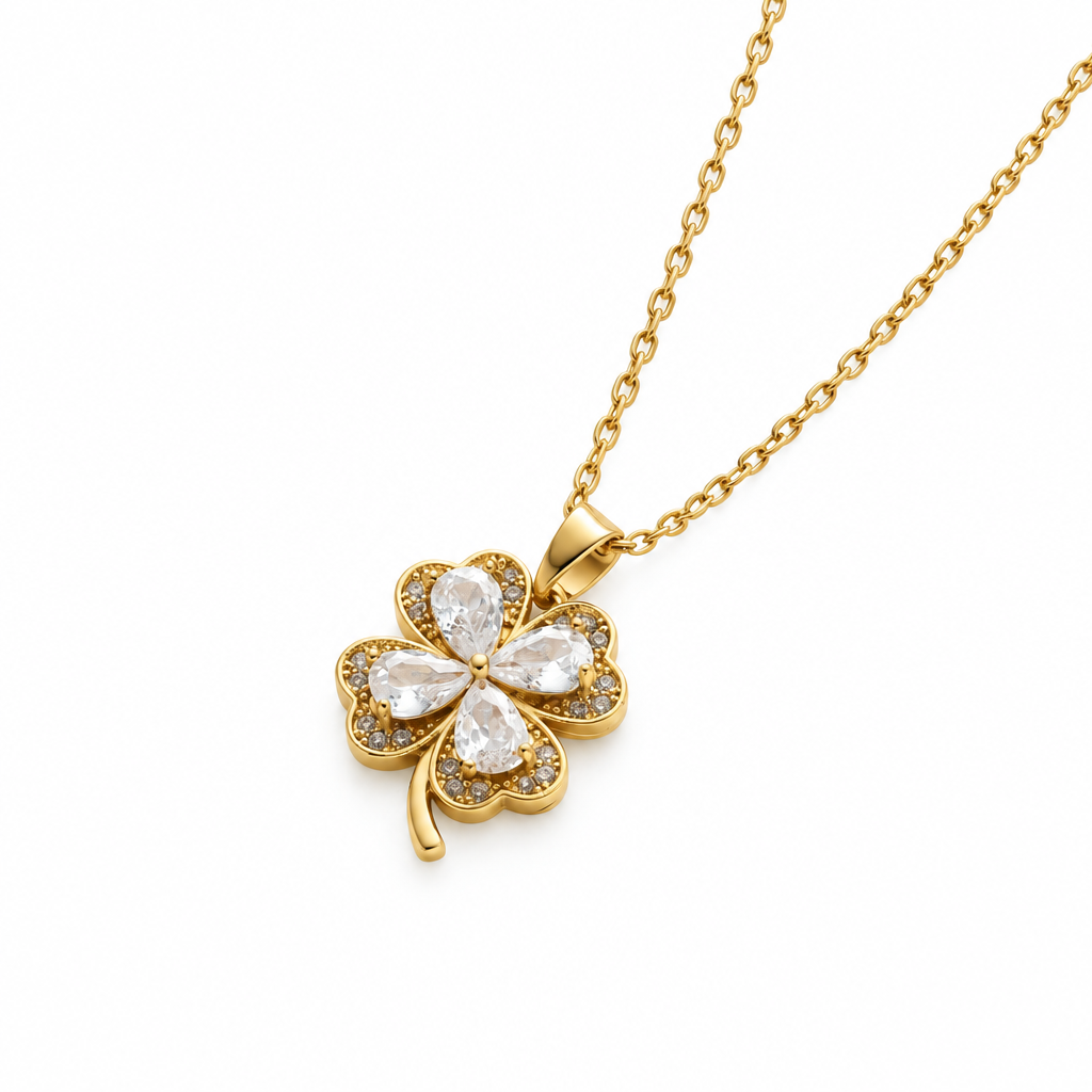 Gold Crystal Four-Leaf Clover Pendant Necklace – gold four-leaf clover pendant necklace on white background