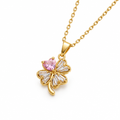 Gold Pink Heart Crystal Four-Leaf Clover Pendant Necklace – gold four-leaf clover pendant necklace on white background