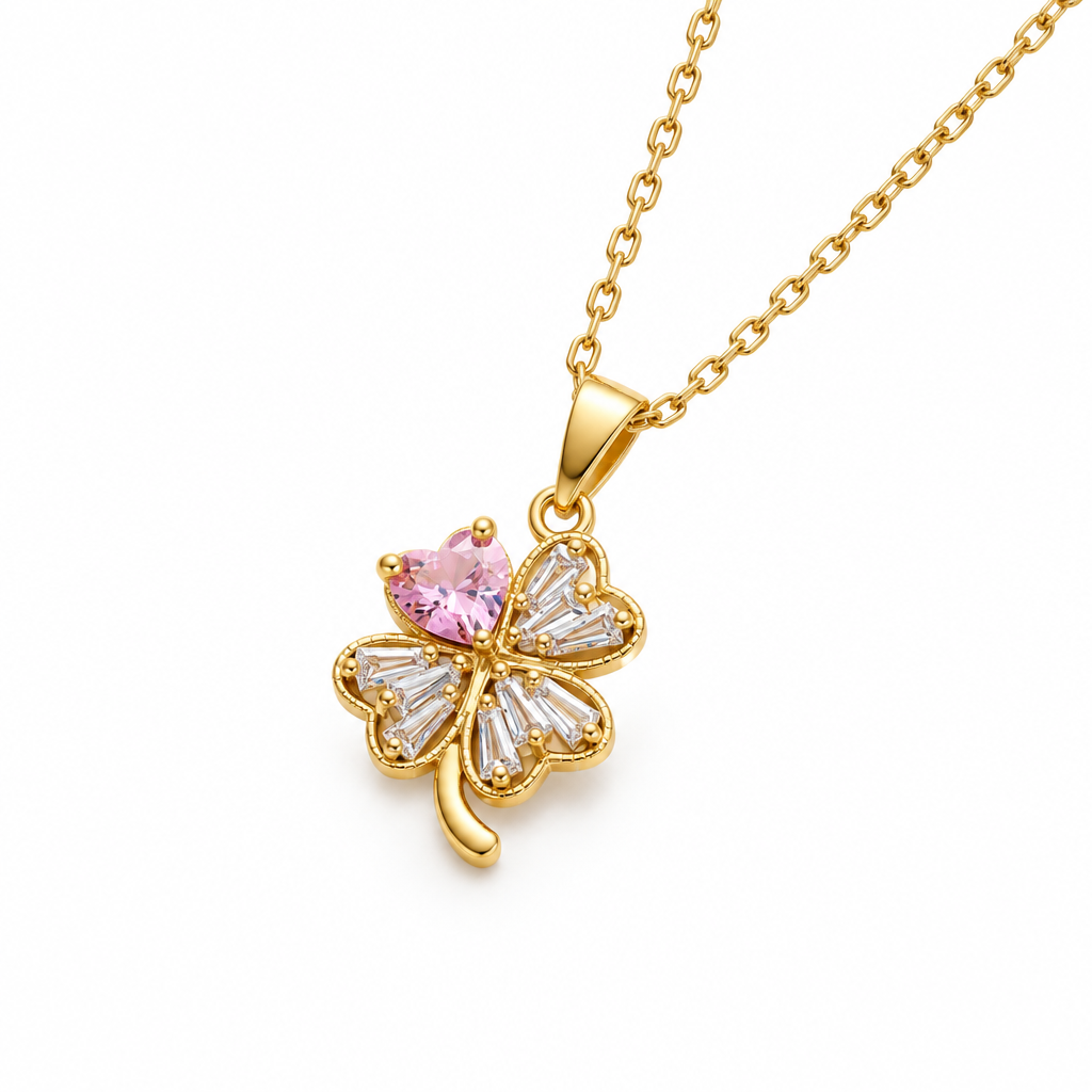 Gold Pink Heart Crystal Four-Leaf Clover Pendant Necklace – gold four-leaf clover pendant necklace on white background