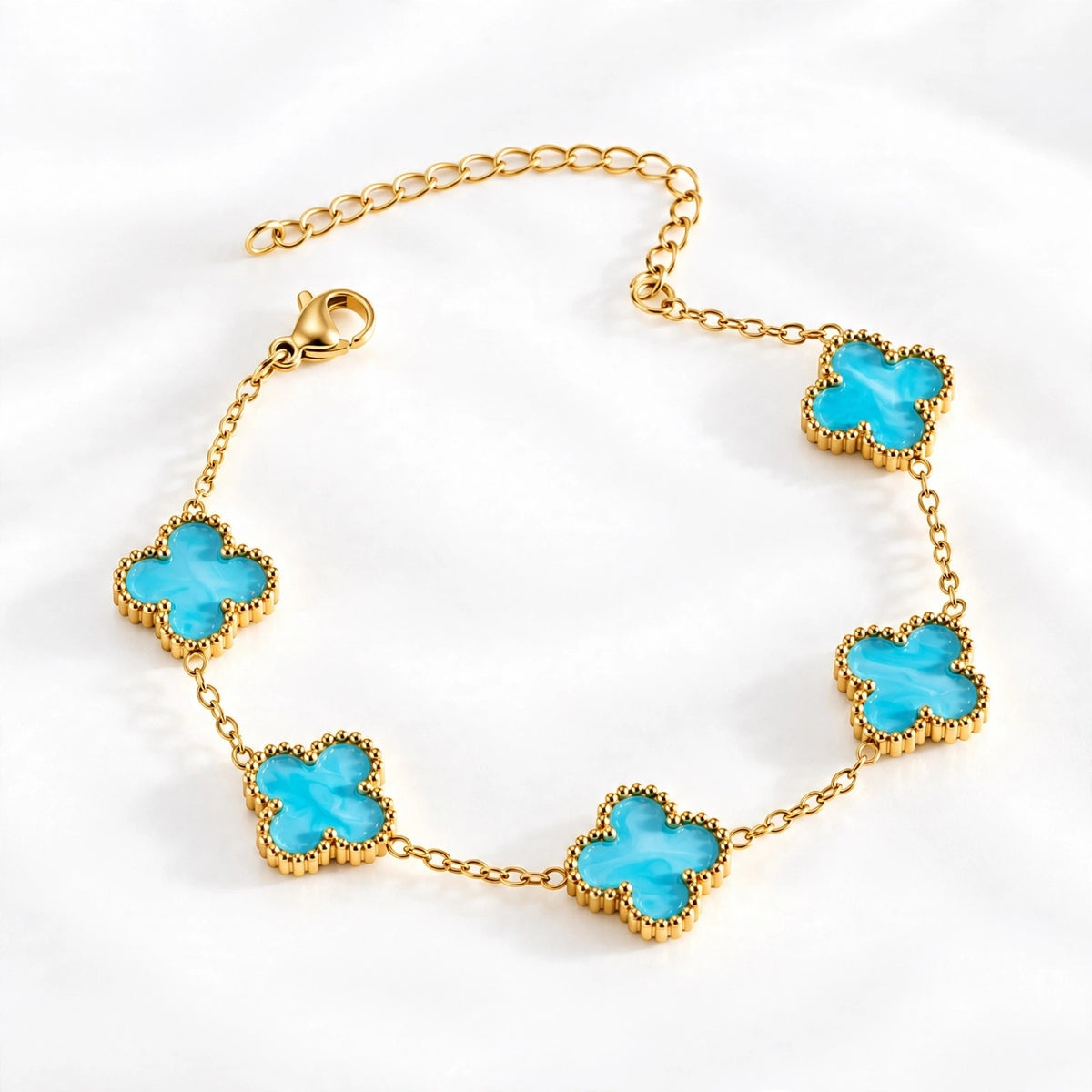 Aqua Clover Bracelet – gold bracelet with aqua enamel clover charms
