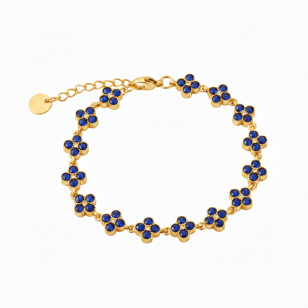 Blue Crystal Flower Bracelet – Gold Chain Fixed