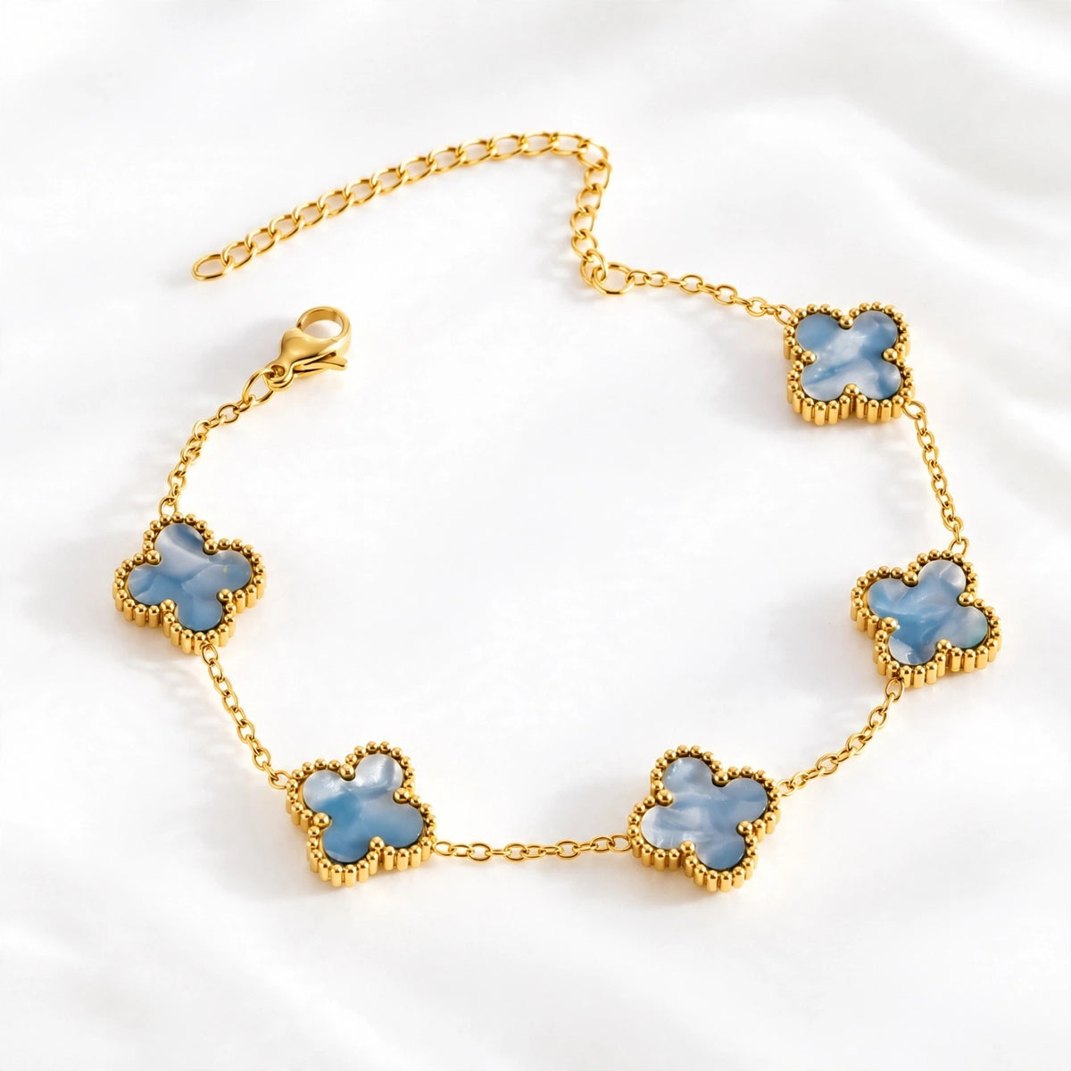 Blue Marble Clover Bracelet – gold bracelet with blue marble enamel clover charms