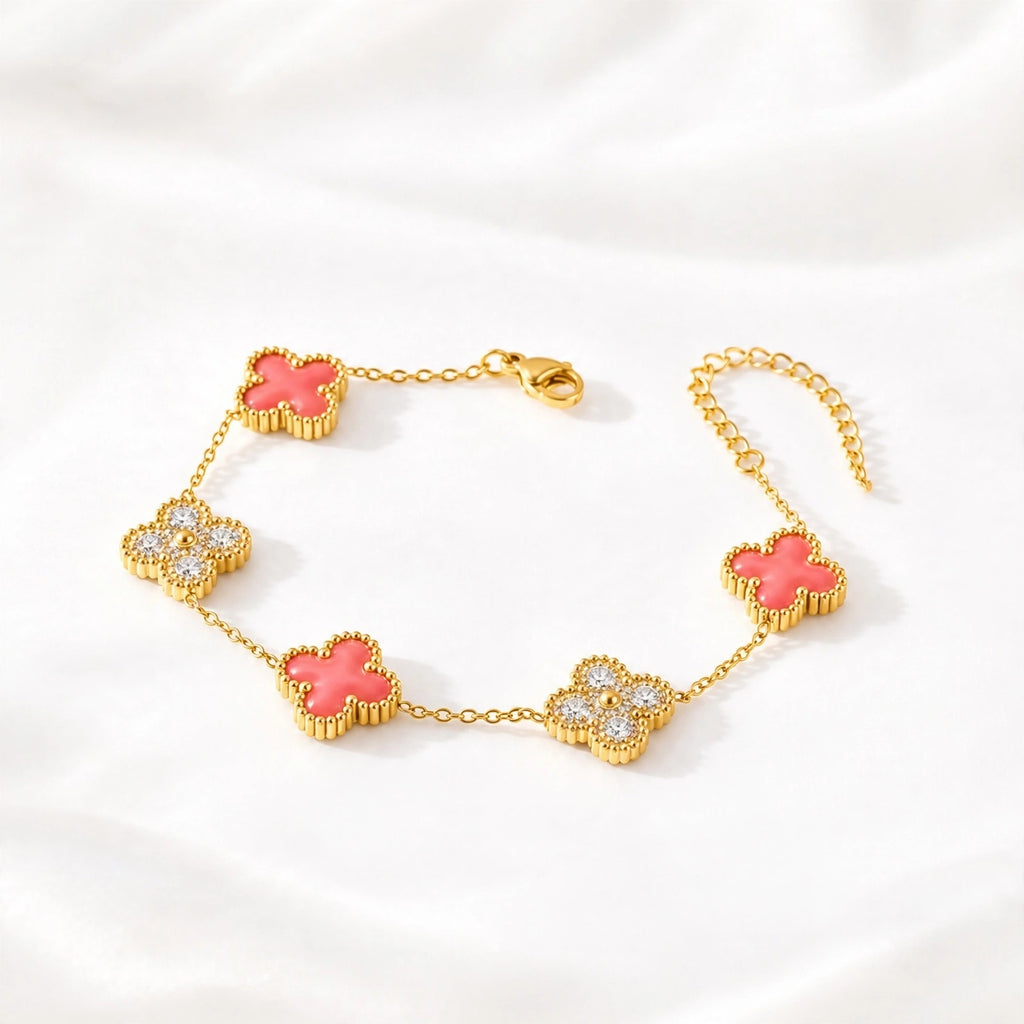 Coral Pavé Clover Bracelet – gold bracelet with coral enamel pavé clover charms