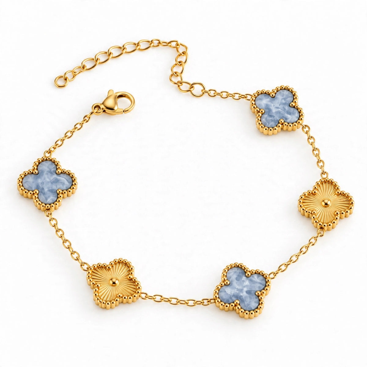 Denim Sunburst Clover Bracelet – gold bracelet with denim blue sunburst clover charm