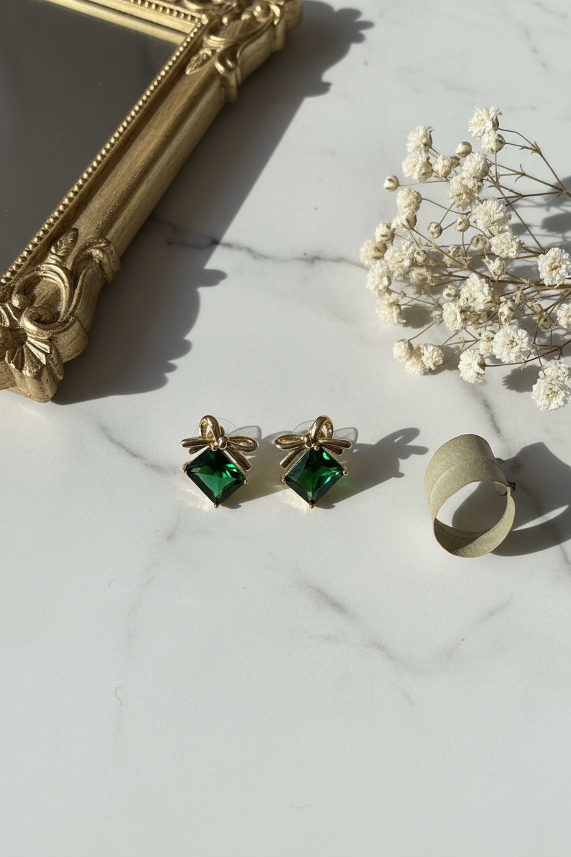 Emerald Bow Crystal Studs