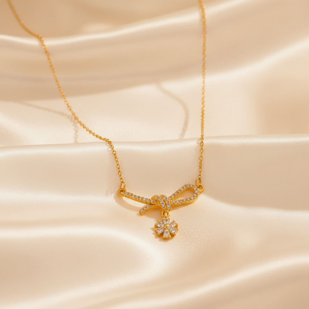 Gold Crystal Bow Necklace – Aesthetic