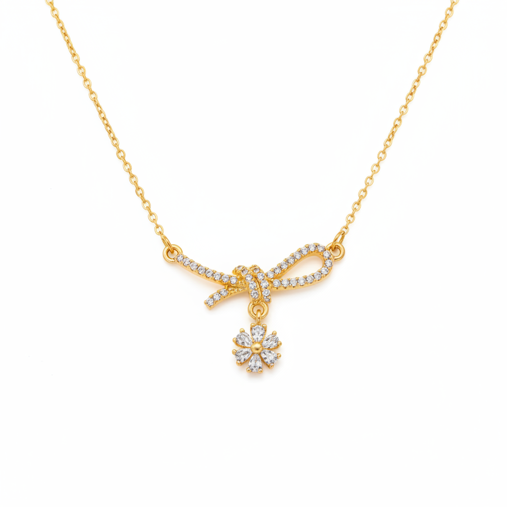 Gold Crystal Bow Necklace – White BG