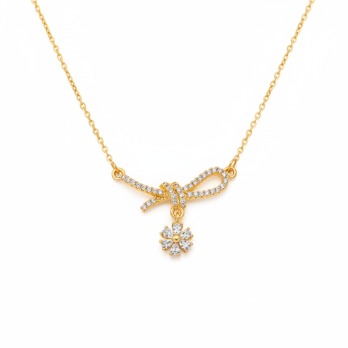 Gold Crystal Bow Necklace – White BG
