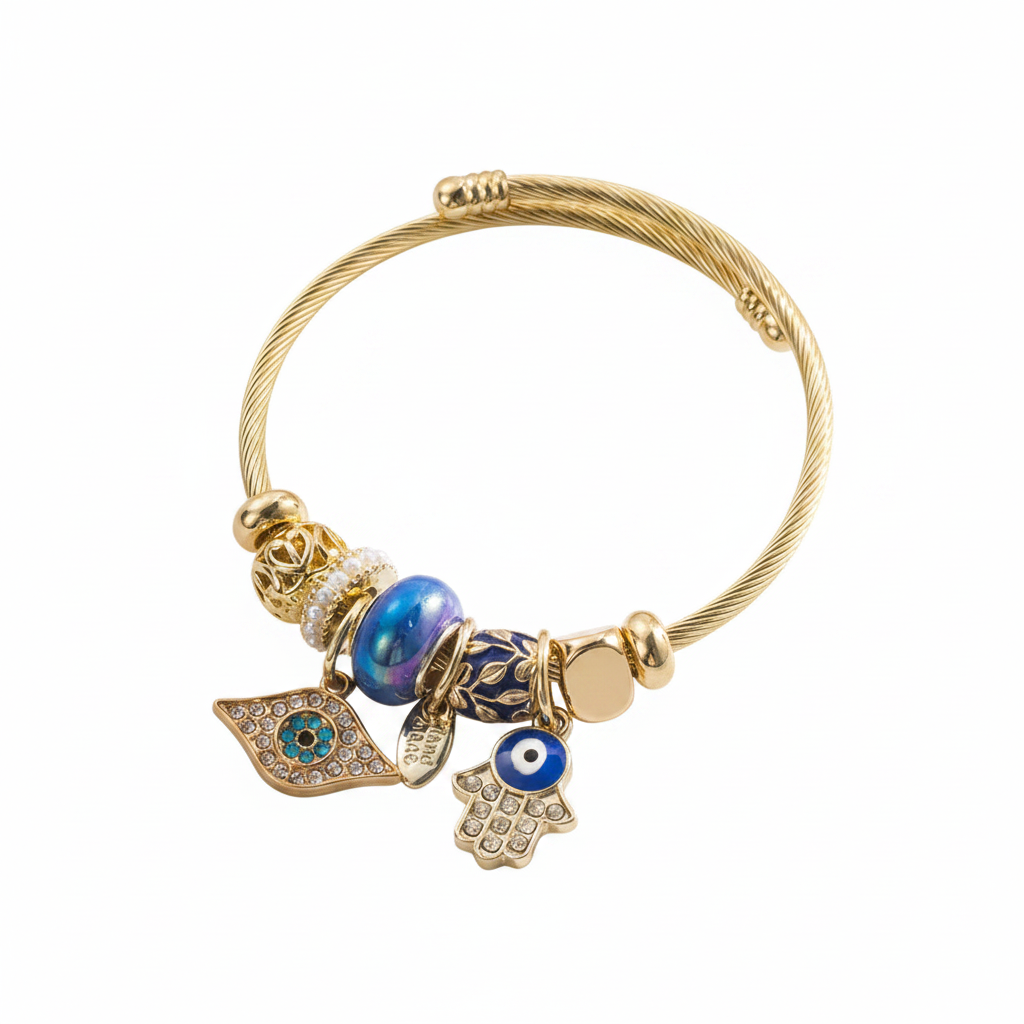 Gold Evil Eye Protection Charm Bangle