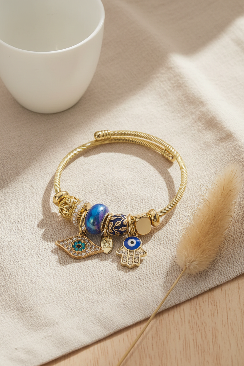 Gold Evil Eye Protection Charm Bangle