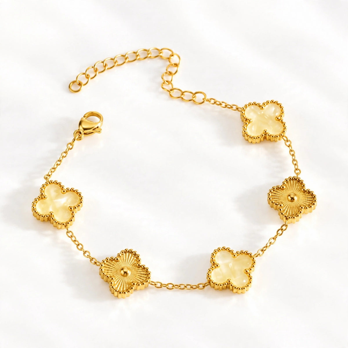 Ivory Sunburst Clover Bracelet – gold bracelet with ivory sunburst clover charm
