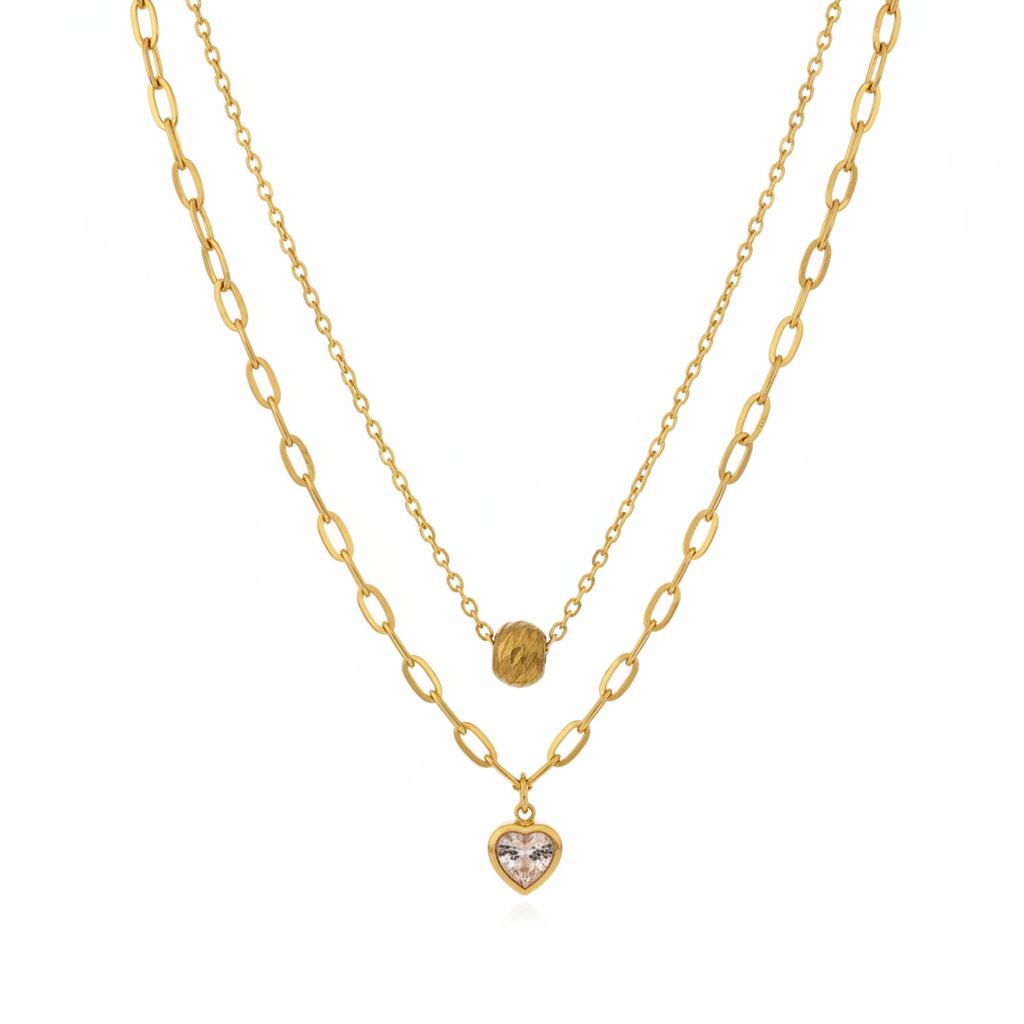 Layered Gold Heart & Bead Necklace