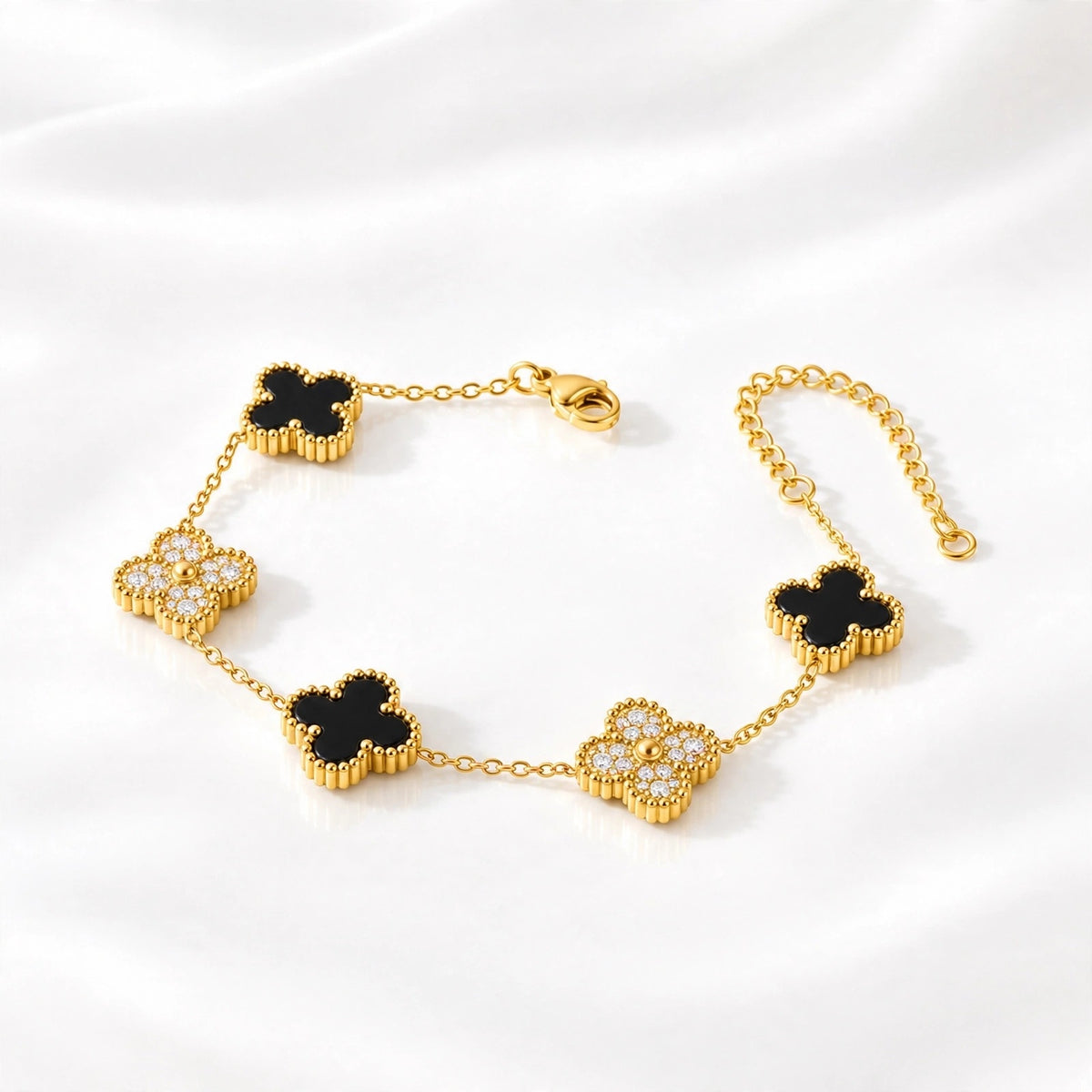 Noir Pavé Clover Bracelet – gold bracelet with black pavé clover charms