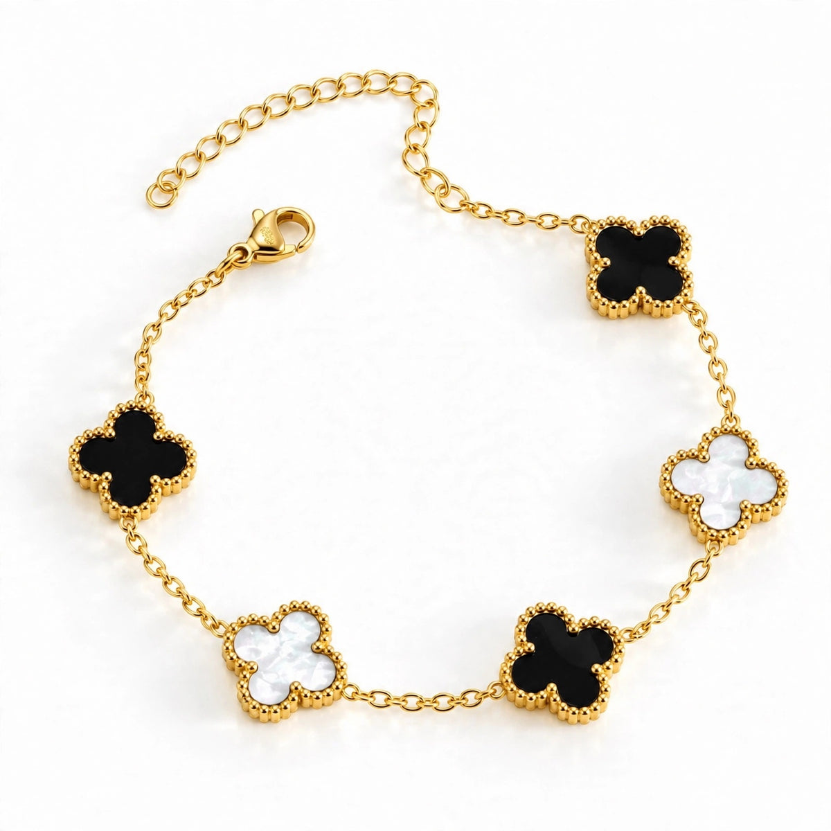 Onyx & Pearl Clover Bracelet – black and pearl clover charm bracelet