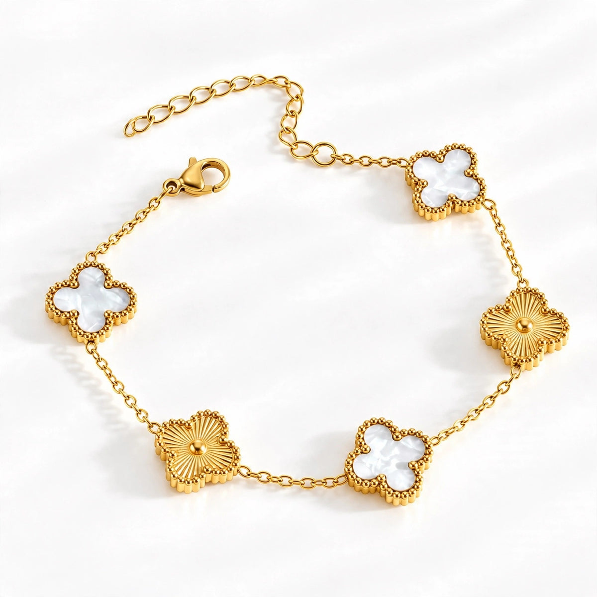 Pearl Sunburst Clover Bracelet – pearl bracelet with sunburst clover charm