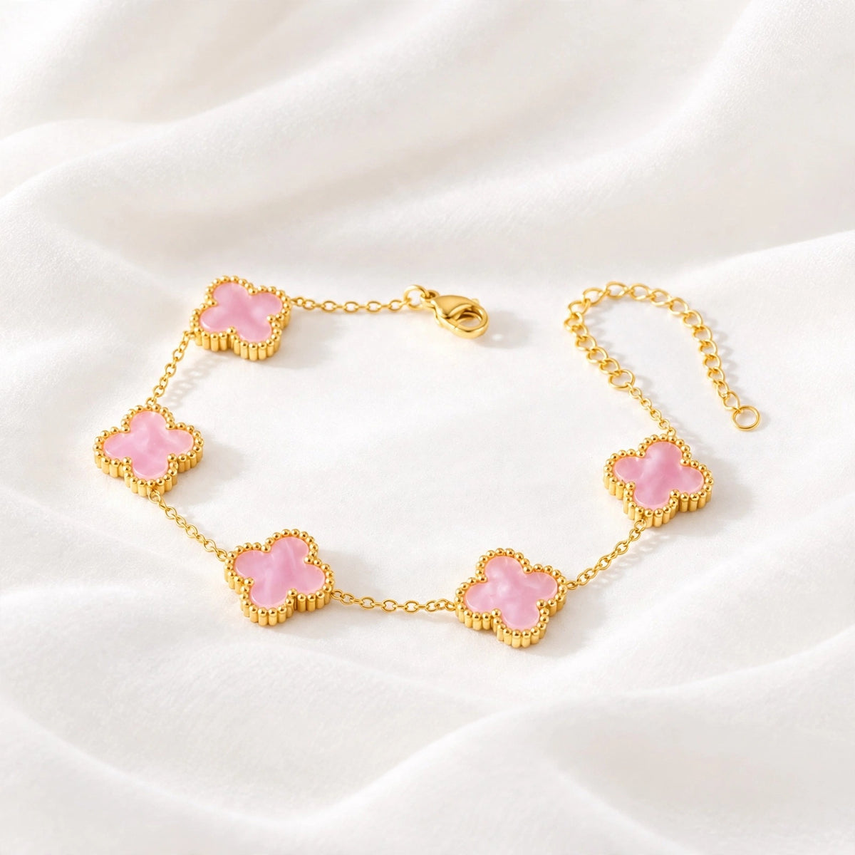 Rose Clover Bracelet – gold bracelet with blush pink enamel clover charms