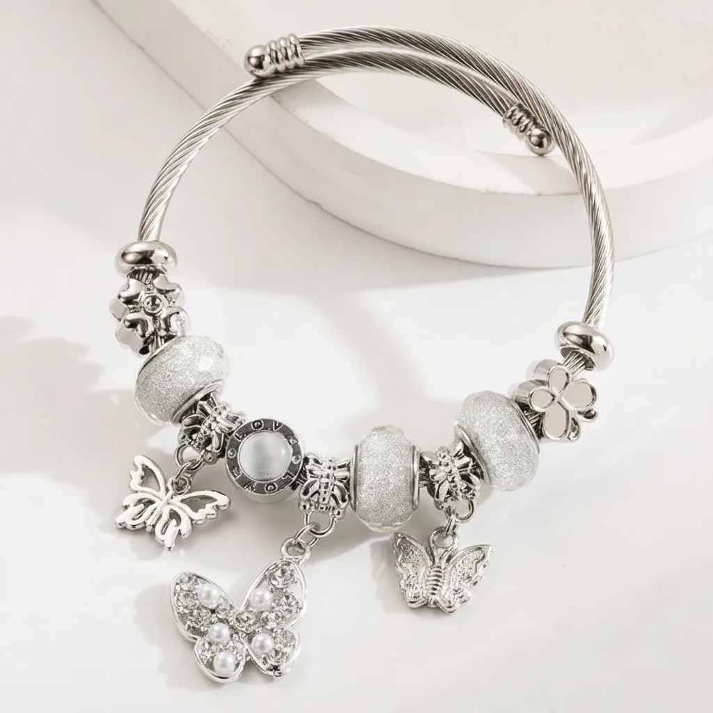 Silver Butterfly Charm Bangle