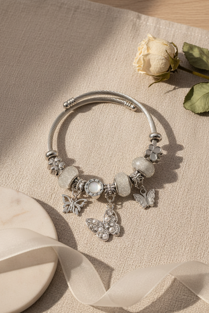 Silver Butterfly Charm Bangle