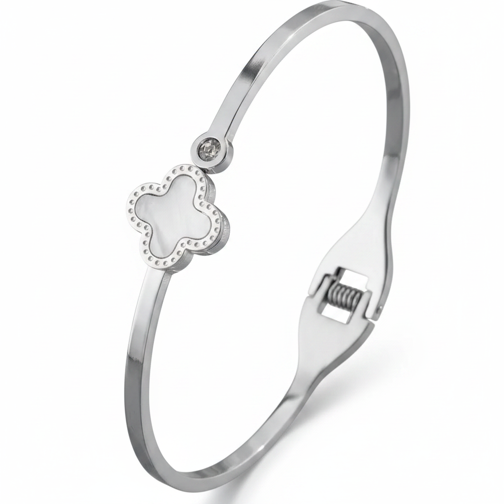 Silver Clover Bangle – White BG