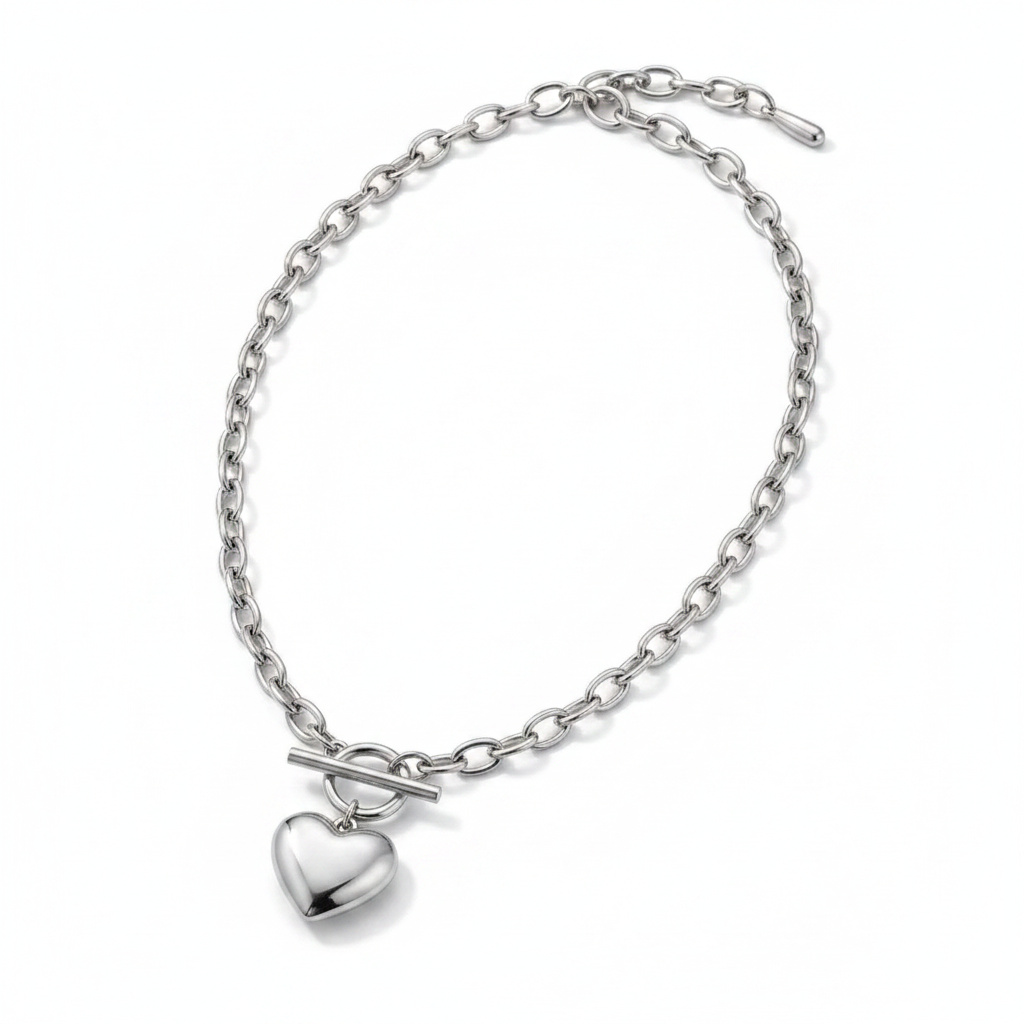 Silver Heart Toggle Necklace – White Background