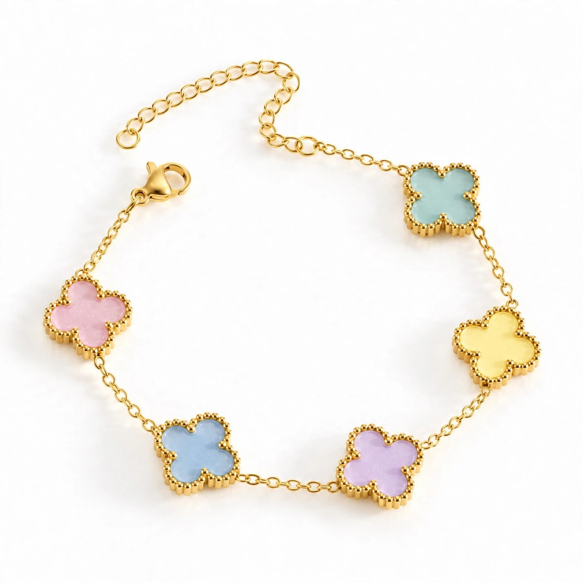 Sorbet Clover Bracelet – gold bracelet with sorbet pastel enamel clover charms
