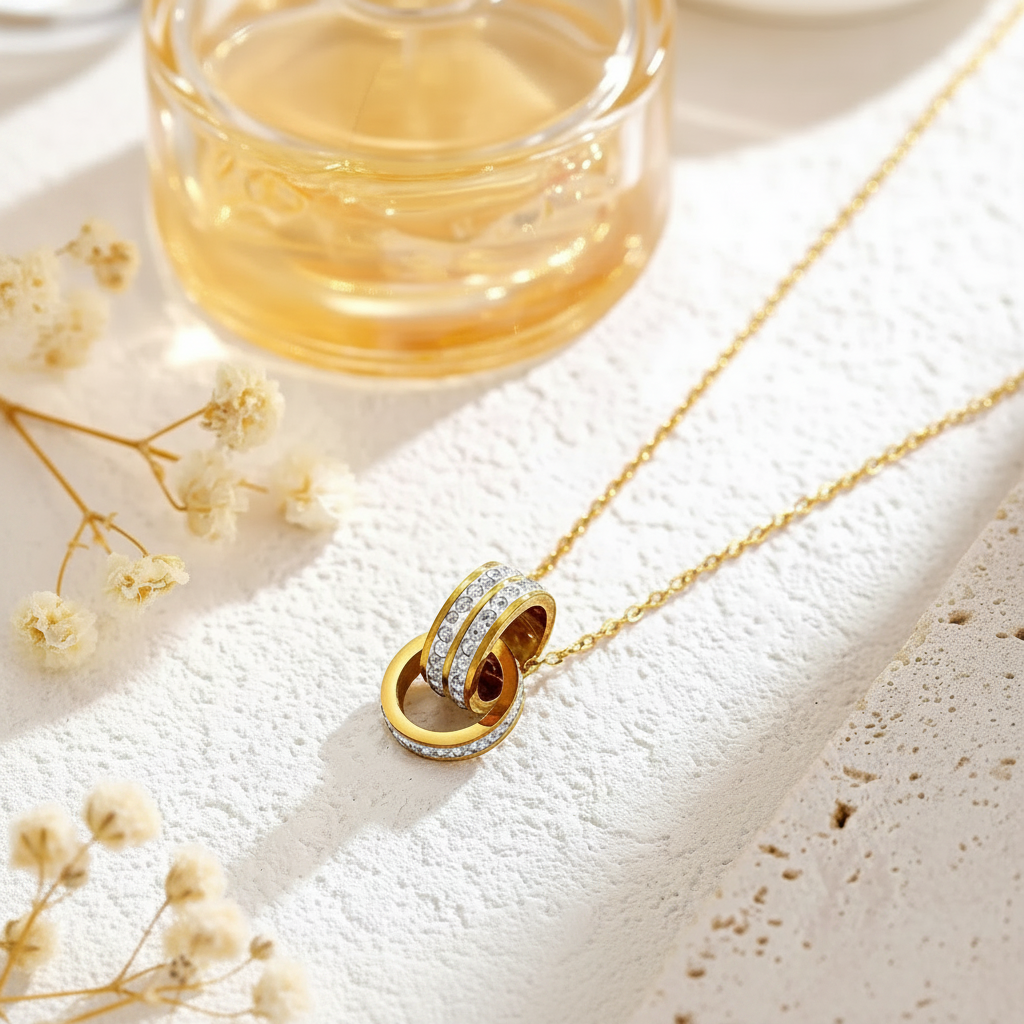 Eternal Bond Interlocking Necklace – interlocking two-ring necklace styled shot